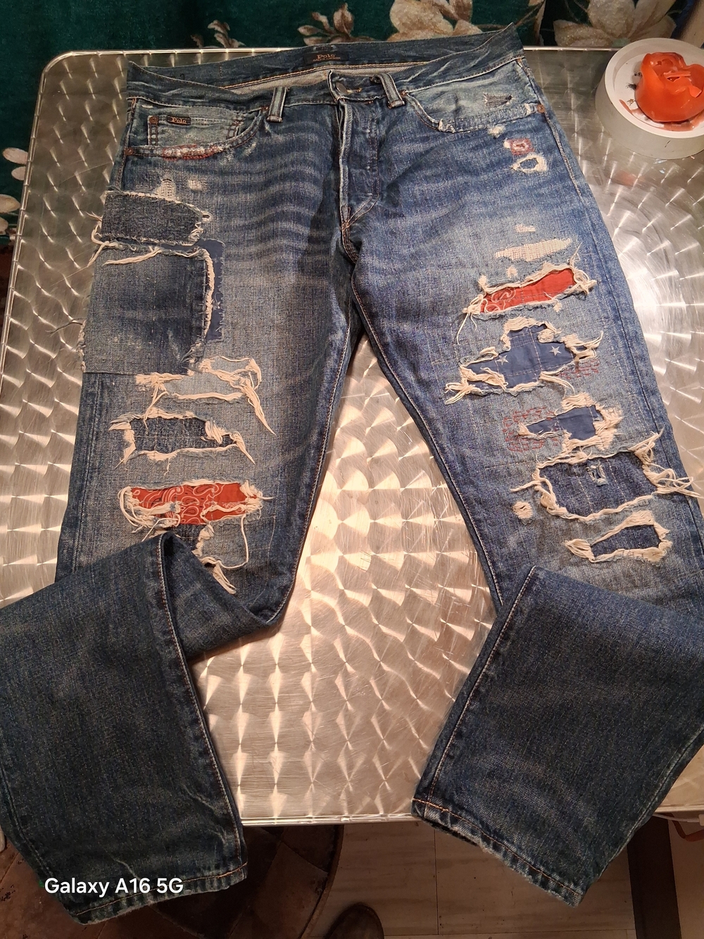 Polo by Ralph Lauren Distressed Blue Denim Jeans with Red Patch Accents